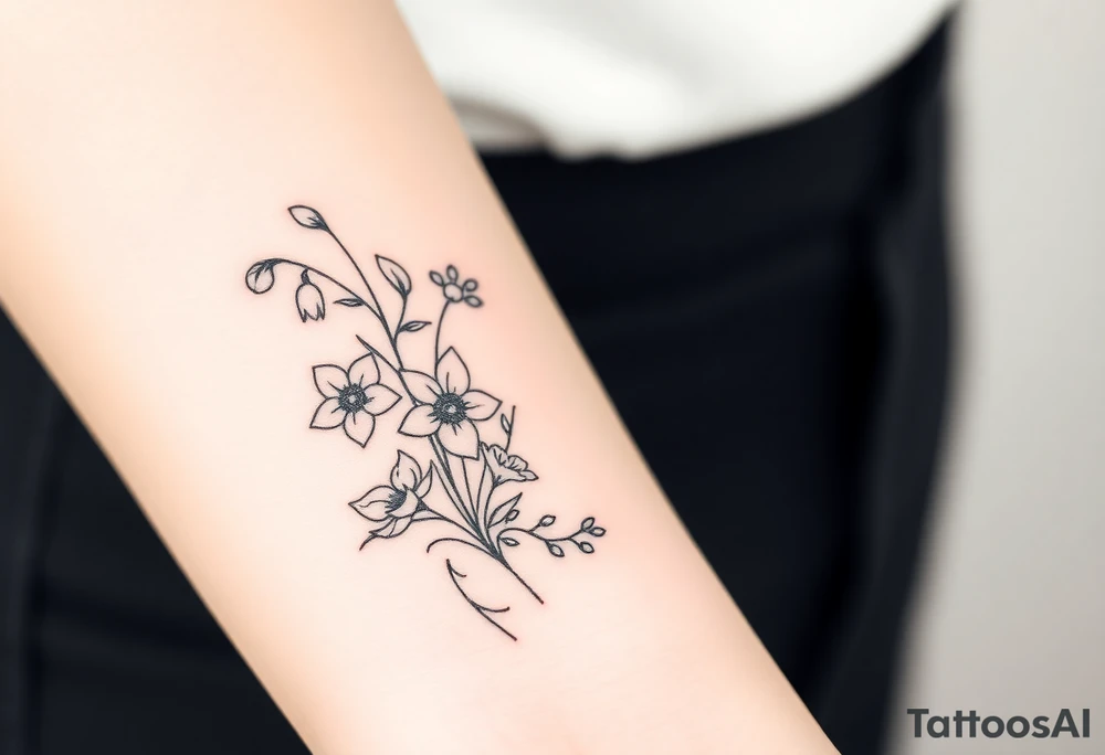 Bouquet of birth months flowers Lilly of the valley, daffodil, larkspur and Ilex aquifolium with berries tattoo idea
