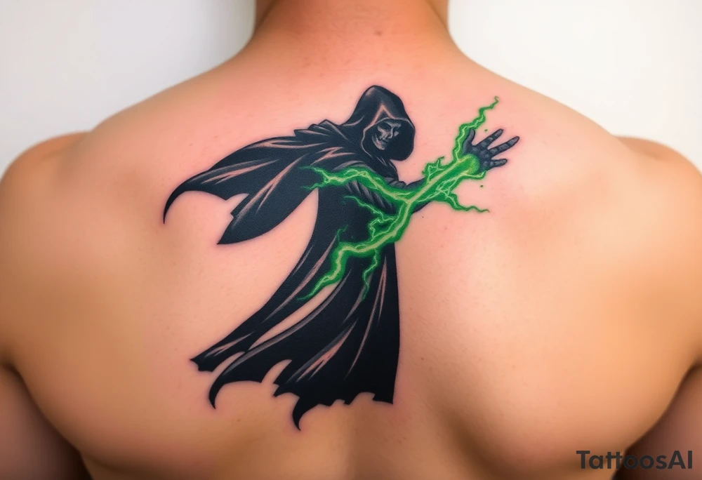 A black-robed Death Eater silhouette, casting a powerful green Avada Kedavra spell with lightning-like energy tattoo idea