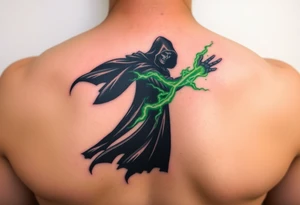 A black-robed Death Eater silhouette, casting a powerful green Avada Kedavra spell with lightning-like energy tattoo idea