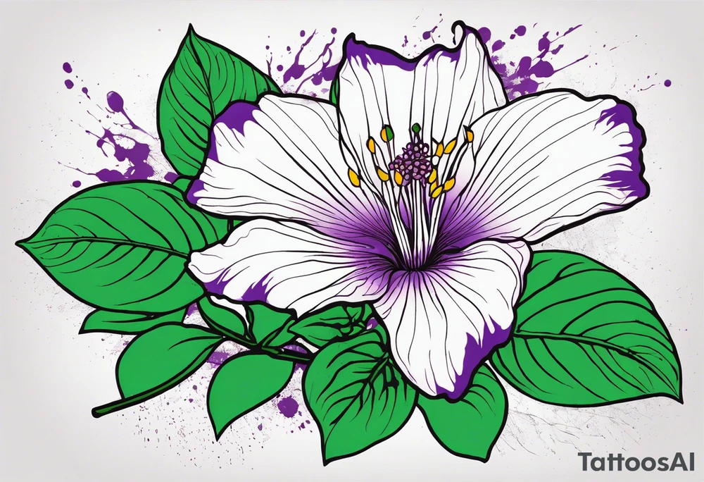 An outline of a rio dipladenia flower with a splatter green and purple background tattoo idea
