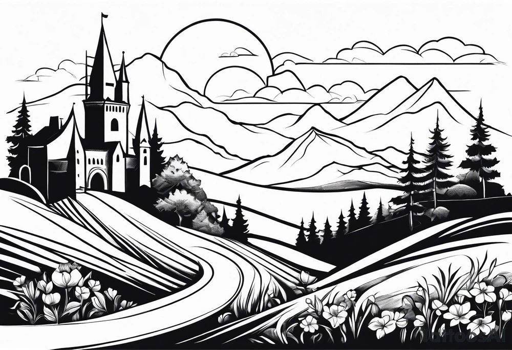 medieval tribal city 
floral  land  vignette tattoo idea
