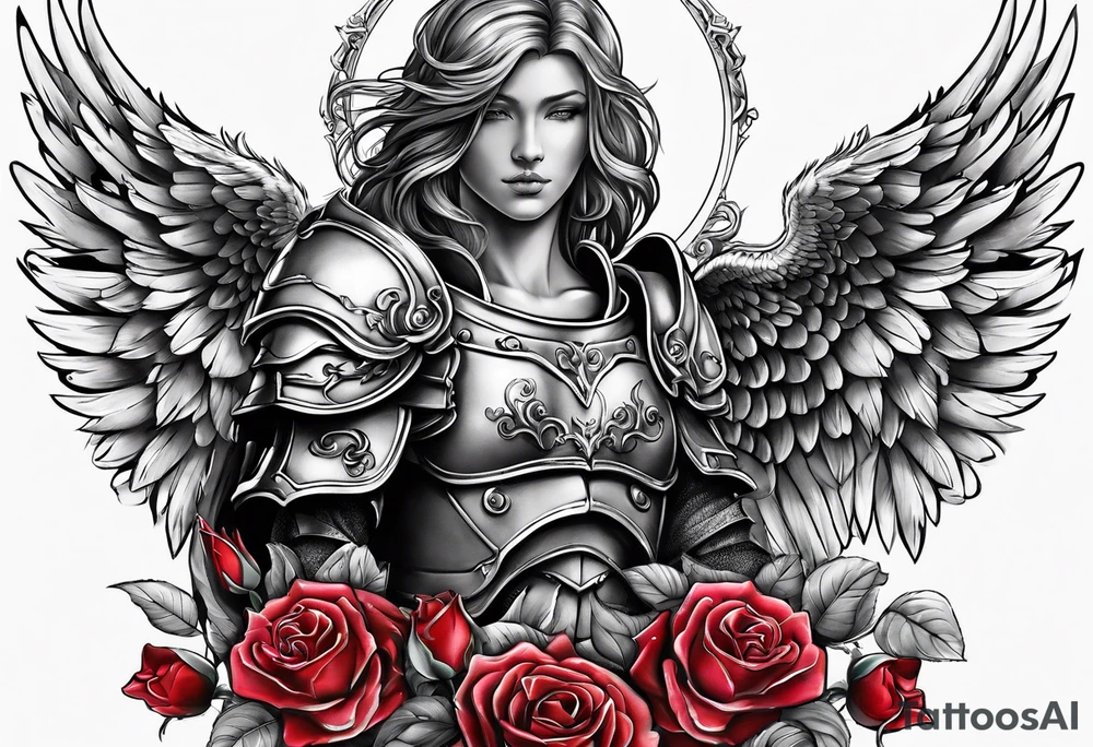 Angel in armor with colored roses tattoo idea