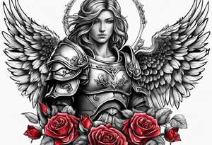 Angel in armor with colored roses tattoo idea