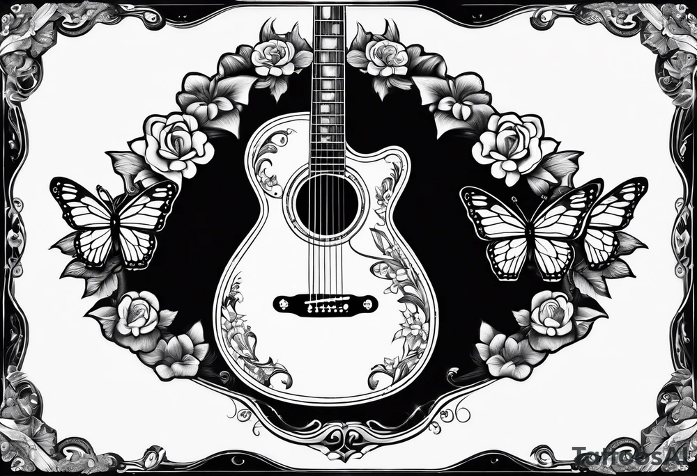 Whole electric acoustic Guitar with flowers growing off the side, butterflies tattoo idea