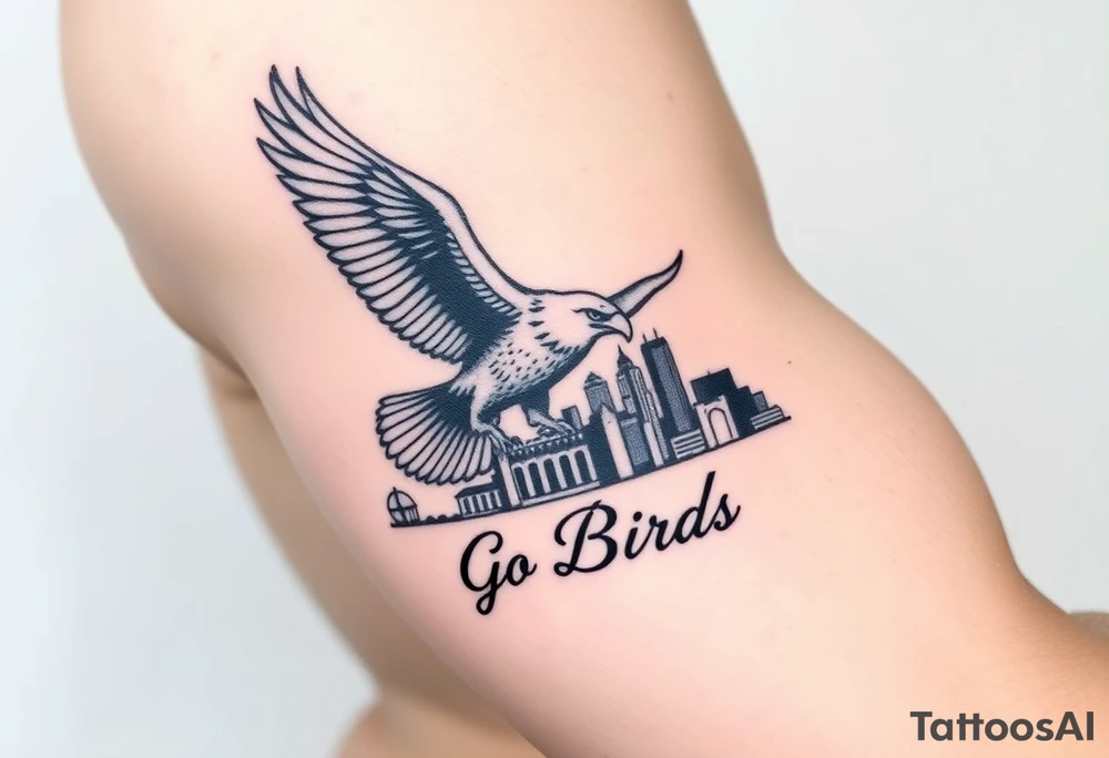 Philadelphia Eagle flying over Philadelphia city skyline faded with a Go Birds written under it tattoo idea