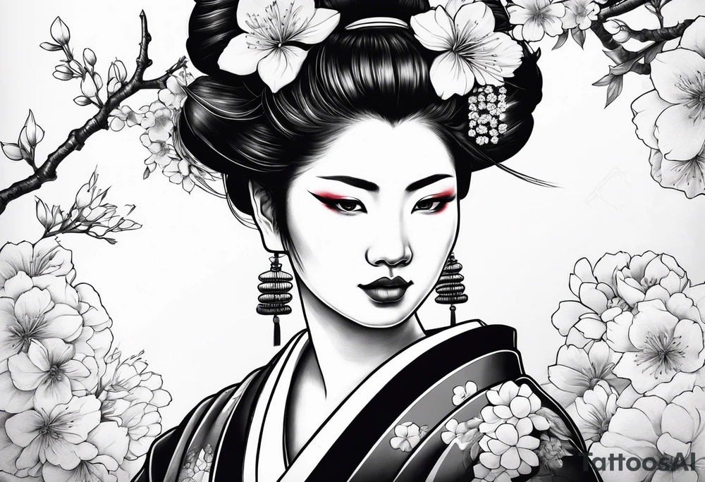 ox with sakura flowers and geisha in the background tattoo idea