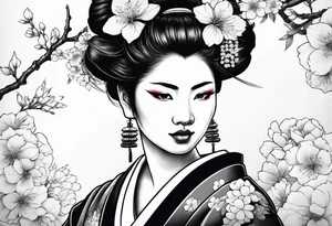 ox with sakura flowers and geisha in the background tattoo idea