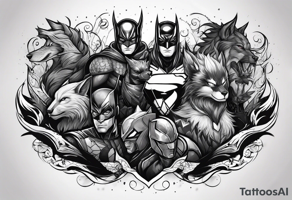 a super hero team which is combination of animals tattoo idea