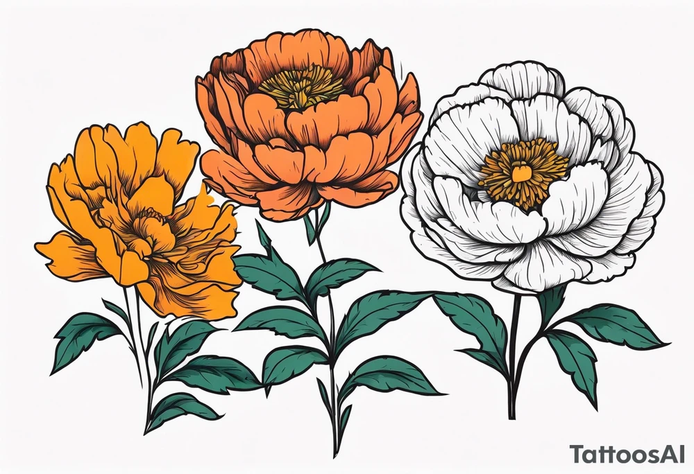 one peony one marigold and one poppy 60s style tattoo idea