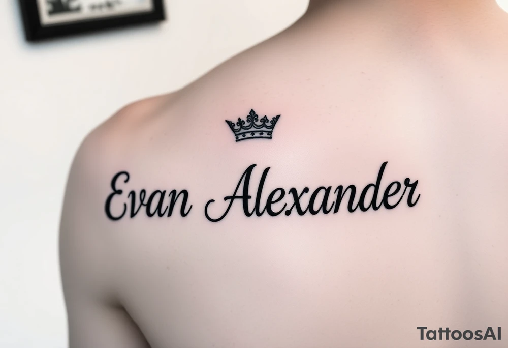 Name tattoo that says Evan Alexander with a crown on forearm tattoo idea