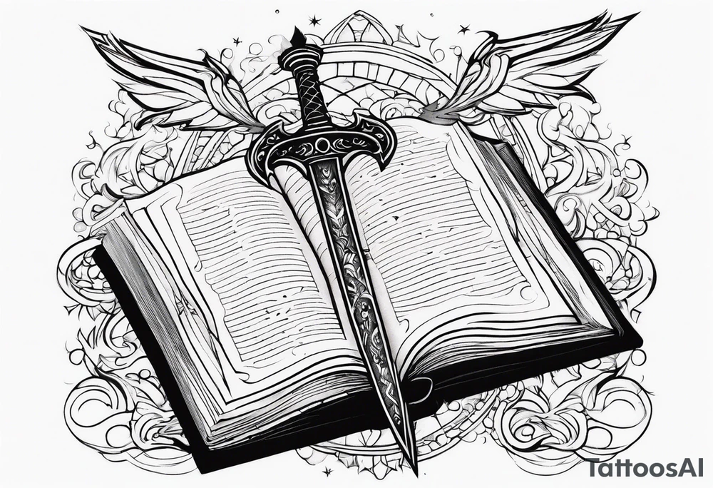 an empty open book with a sword through it, dragonwings and sparks surrounding the book. small design tattoo idea
