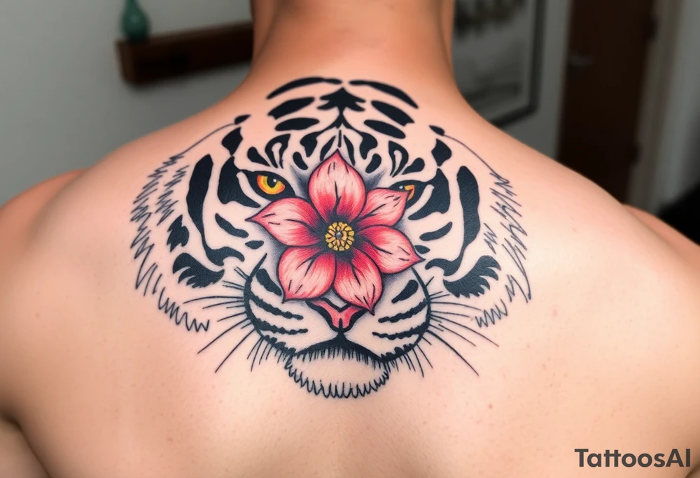 tiger with flower in the pupil of the eye bright colors tattoo idea