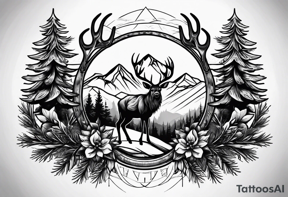 antler fir tree tattoo idea