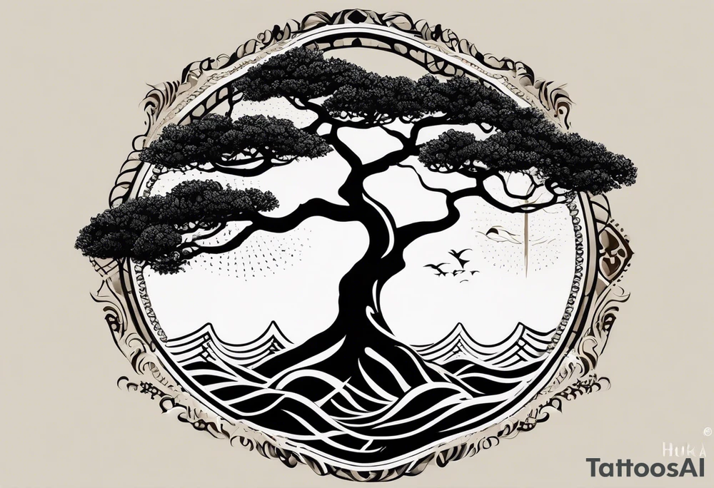 A tattoo of an abstract Tree of Life tattoo to be placed directly on the bicep of a woman. It can wrap around the arm a little. It should have roots growing out of the bottom. The roots slowly turn into water from the Great Wave by Hokusai. A golf flag should be placed discreetly growing out of the ground. 2 license plate tags should be hanging from the tree. Place a few music notes in the areas the leaves should be. The letters A U should be engraving into the tree trunk in a heart. Not inside a circle. The overall shape of the tattoo should be organic. Black and white only. tattoo idea