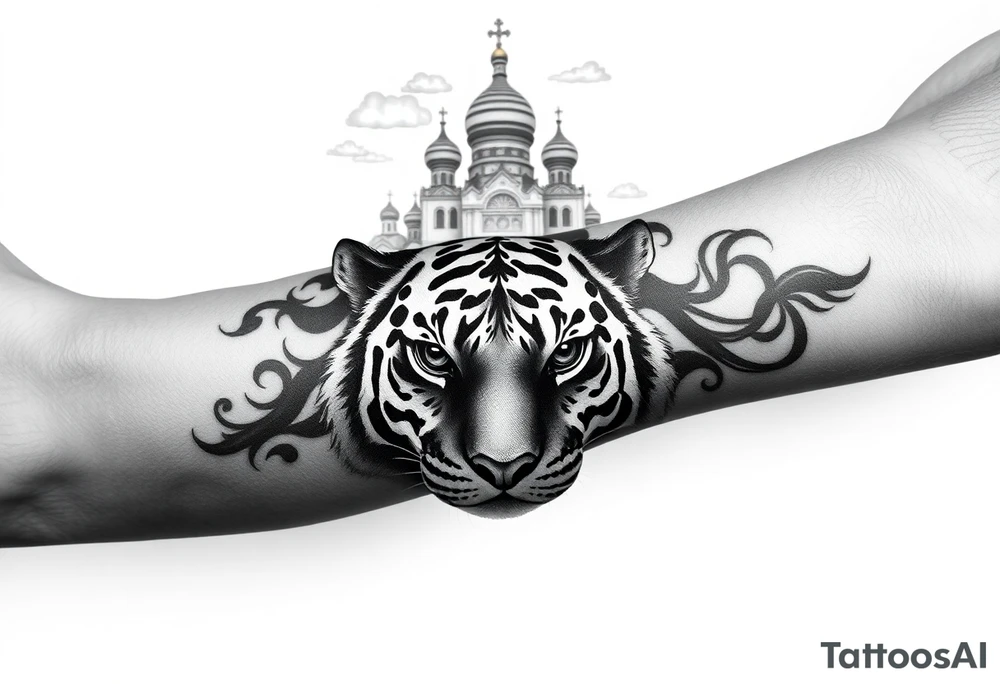 Realistic tiger face on the back of the hand with its eyes ALL black and no pupils, sitting beneath a Russian Orthodox cathedral sitting above on the top fore arm with onion domes and orthodox crosses. with clouds above and a virgin mary tattoo idea
