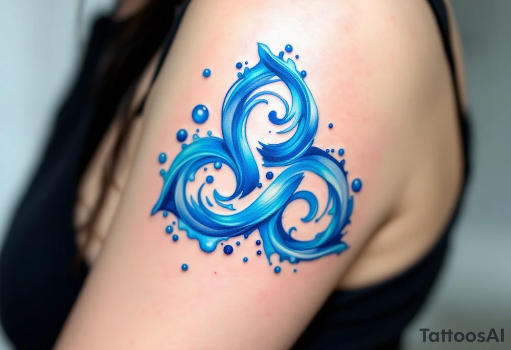 A fluid, wave-like triskelion in deep blue, turquoise, and white, representing the movement of water, intuition, and emotional balance. The spirals can resemble ocean currents, and subtle bubbles or droplets can enhance the aquatic feel. tattoo idea