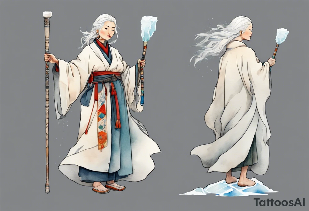 a 40 year old Sami woman with white hair and a white robe holding a white staff, standing on an iceberg tattoo idea