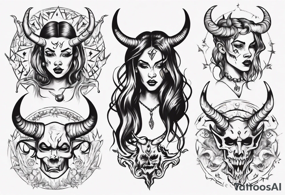 female dancing with devil horns tattoo idea