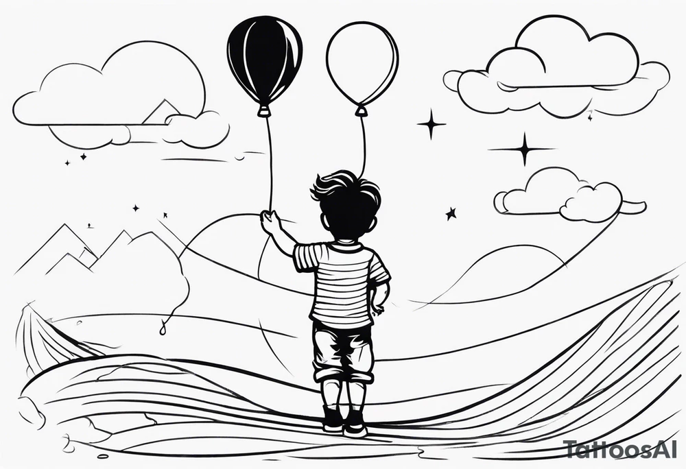 tatoo in sketch style only.
A little boy is holding a string to the earth shaped baloon.
boy should be drawed from behinfd anhas one hand reaching up in 45 degree angle and holding the baloon string
the string has a big wave look like a hearbeat pulse.
hearth party baloon is tattoo idea