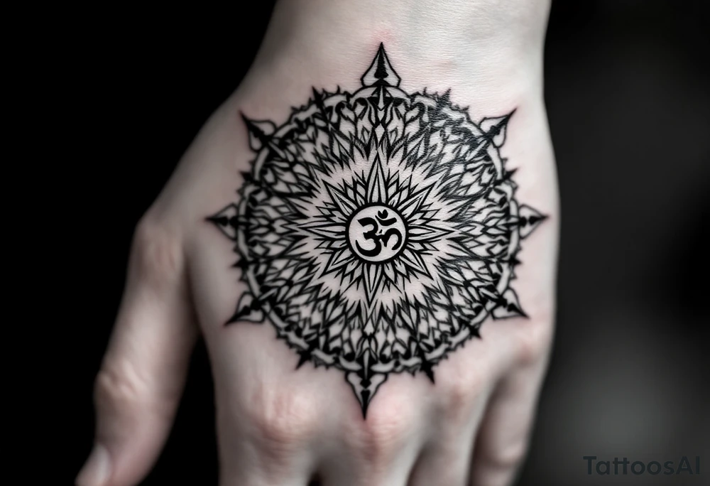 8 point wheel of Dharma with an ohm symbol in the middle tattoo idea