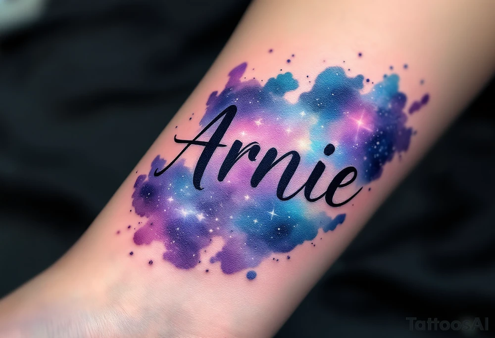 A galaxy-style tattoo with deep purples and blues, spelling out the son's name Arnie in nebula. tattoo idea