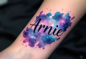A galaxy-style tattoo with deep purples and blues, spelling out the son's name Arnie in nebula. tattoo idea