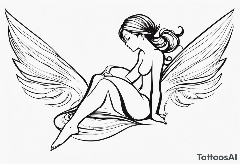 Minimalistic, monochromatic fairy with a tail flying to the left in a fetal position, leaning and looking in the same direction, with visible hands, embodying the 'Fairy Tail' logo aesthetic. tattoo idea