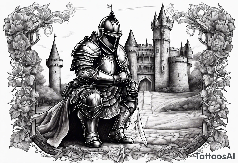 Wounded knight on two knees in front of castle tattoo idea