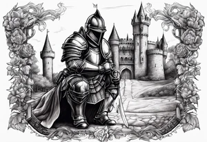 Wounded knight on two knees in front of castle tattoo idea