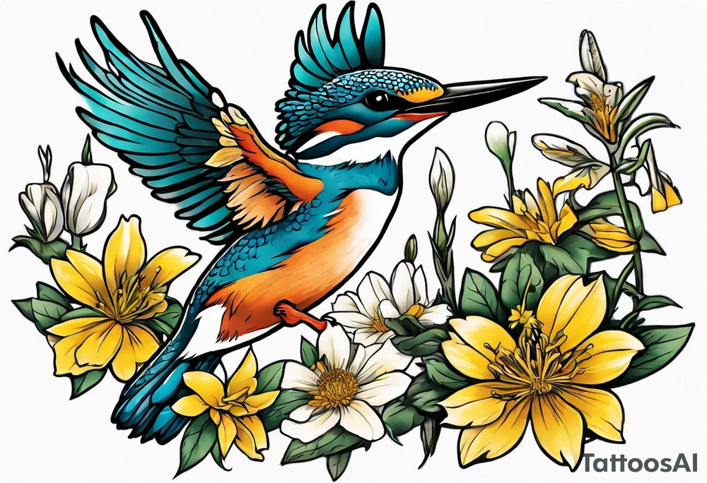 Thigh tattoo of a Kingfisher taking flight surrounded by St John's Wort flowers tattoo idea