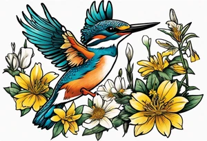 Thigh tattoo of a Kingfisher taking flight surrounded by St John's Wort flowers tattoo idea