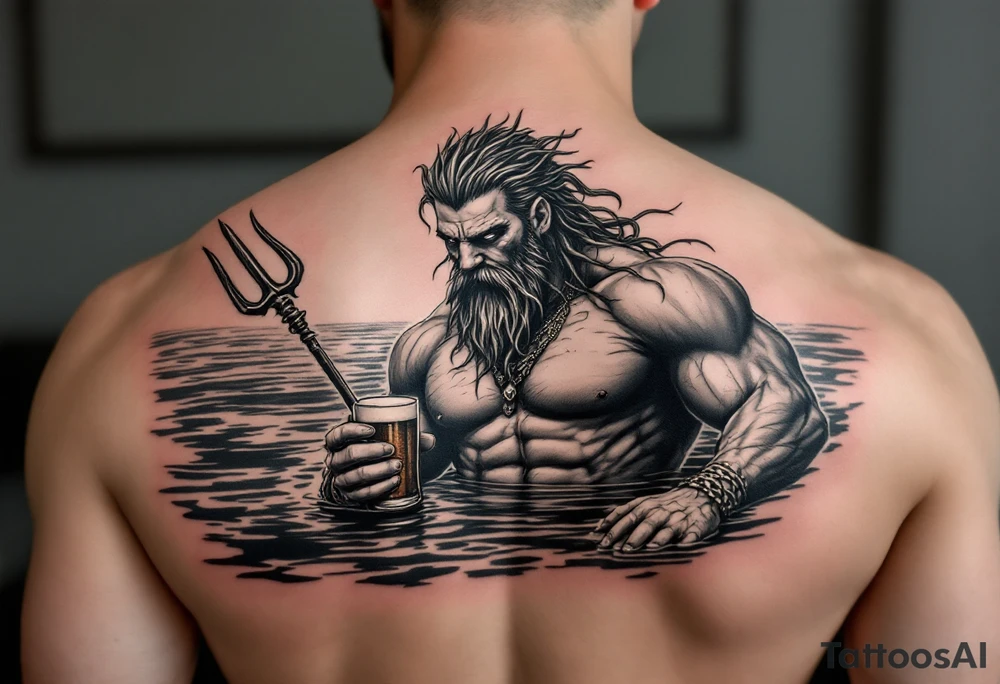 poseidon in calm water, holding a trident, holding a beer tattoo idea