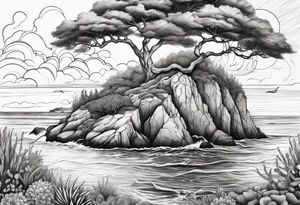 calm but great ocean and cliffs and sky and trees and underwater life tattoo idea