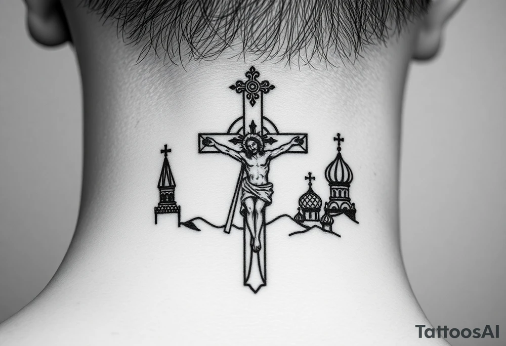 Traditional orthodox ICXC Christian cross with an orthodox Jesus Christ on the cross in a wilderness Russian Kremlin setting tattoo idea
