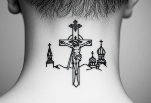 Traditional orthodox ICXC Christian cross with an orthodox Jesus Christ on the cross in a wilderness Russian Kremlin setting tattoo idea
