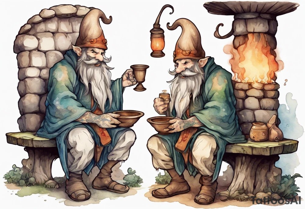 a mushroom creature with a long beard wearing a  medieval tunic sitting on a bench by a fireplace drinking from a wood cup, smiling tattoo idea