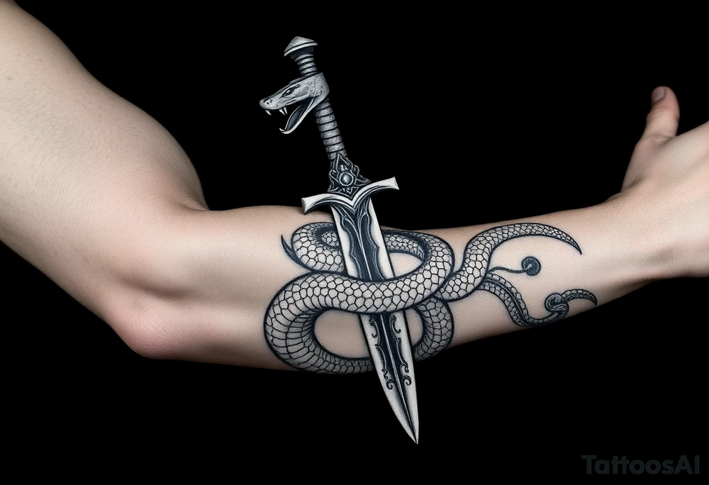 mystical snake coiled around an ancient dagger with jeweled hilt tattoo idea