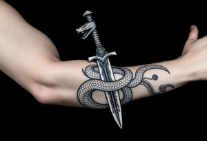 mystical snake coiled around an ancient dagger with jeweled hilt tattoo idea