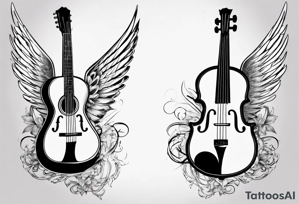 GUITAR LEANING AGAINST A VIOLIN WITH ANGLE WINGS tattoo idea
