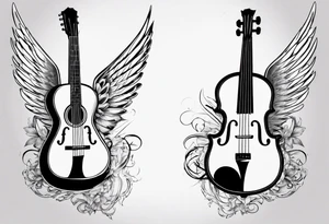 GUITAR LEANING AGAINST A VIOLIN WITH ANGLE WINGS tattoo idea