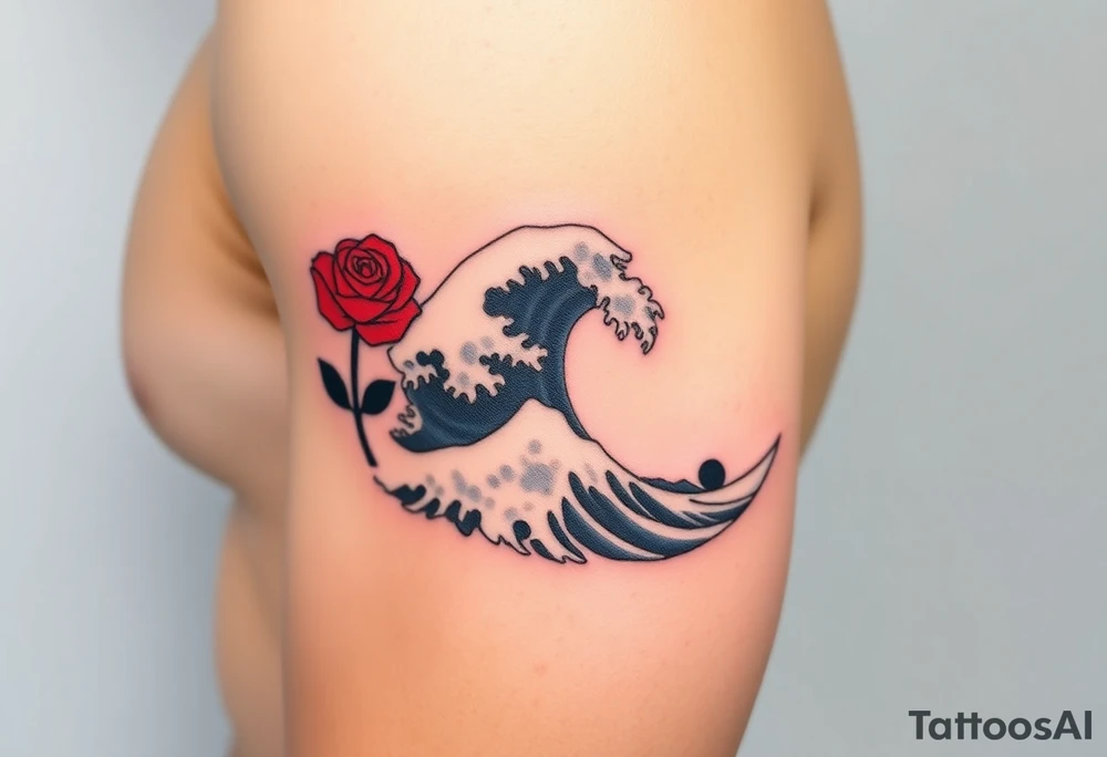 A detailed Great Wave off Kanagawa incorporate a red rose with a stem on the side of the wave tattoo idea