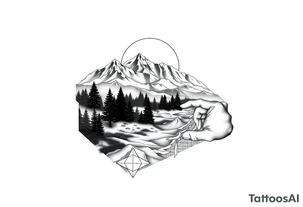 Tattoo stencil design, full sleeve. A journey through California: the top starts with a vibrant sunset over snowy peaks, transitioning down into a lush forest, then a stark desert, and ending at the wrist with ocean surf. The entire scene is viewed through a geometric lens, using "sacred geometry" patterns to divide the sections. Clean black and grey realism with sharp line work. No shading on the background, white background only. tattoo idea