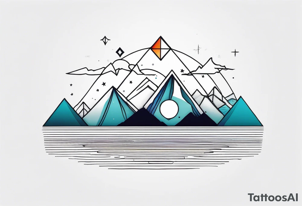Mountain one Peak, sea waves, space with two littel coloured Stars, geometrical Forms, circle, diamond surrounding scenery with dashed lines overlapping tattoo idea