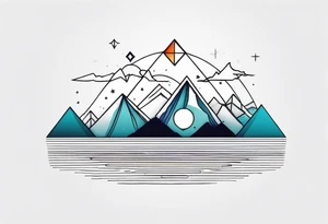 Mountain one Peak, sea waves, space with two littel coloured Stars, geometrical Forms, circle, diamond surrounding scenery with dashed lines overlapping tattoo idea
