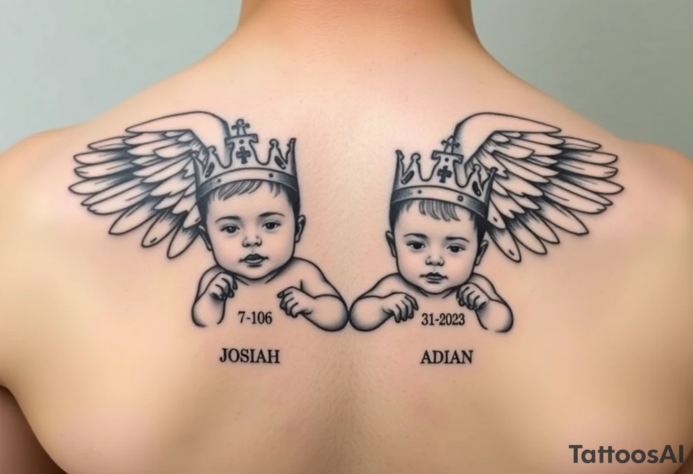 powerful beautiful realistic Women Angel with 2 baby boys one slightly older then the other  both boys wearki g king crowns with the names JOSIAH  and under name JOSIAH  romen numerals 7-06-2021 & the other younger baby in his crown saying ADIAN and under his name 3-10-2023 in roman numerals tattoo idea