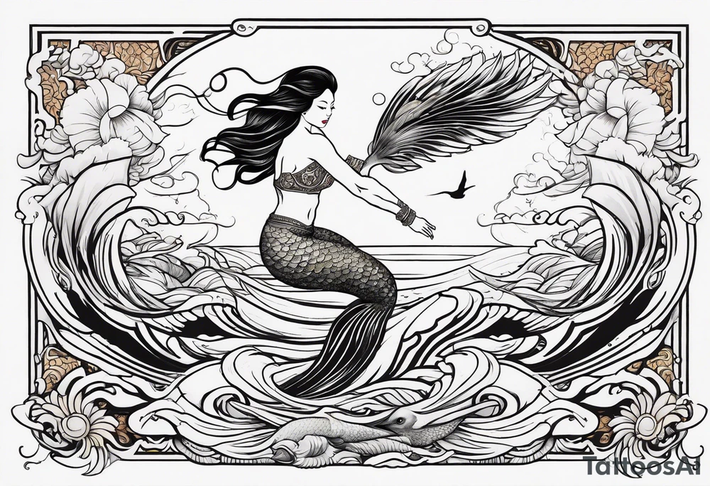 mermaid jumping to see pelicans tattoo idea