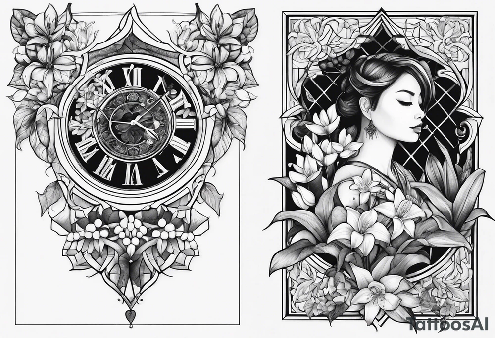 2 Clocks, banyan tree, lily of the valley, protector, strong, shoulder tattoo idea