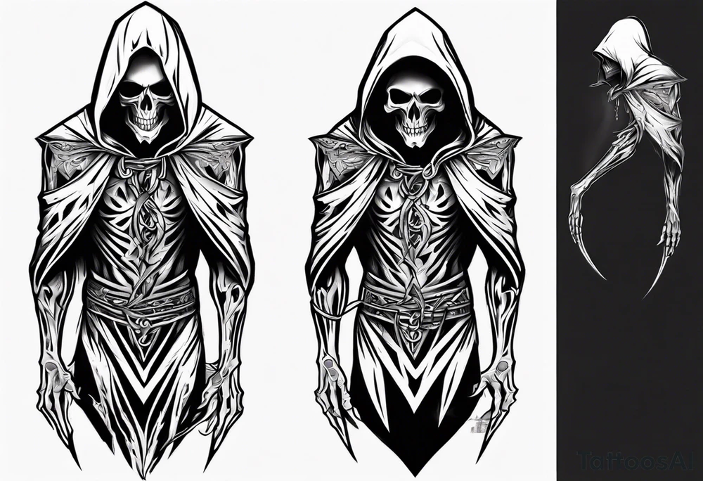 side view, hooded reaper upper body, no skull tattoo idea