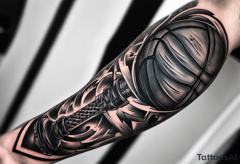 A forearm tattoo that includes a basketball hoop and a cross and a video game controller tattoo idea