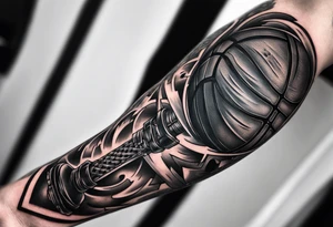 A forearm tattoo that includes a basketball hoop and a cross and a video game controller tattoo idea